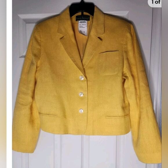 Harve Benard by BenardHolzman 14 Yellow 100%LINENCroppedPocketLined Women Blazer - Picture 1 of 7